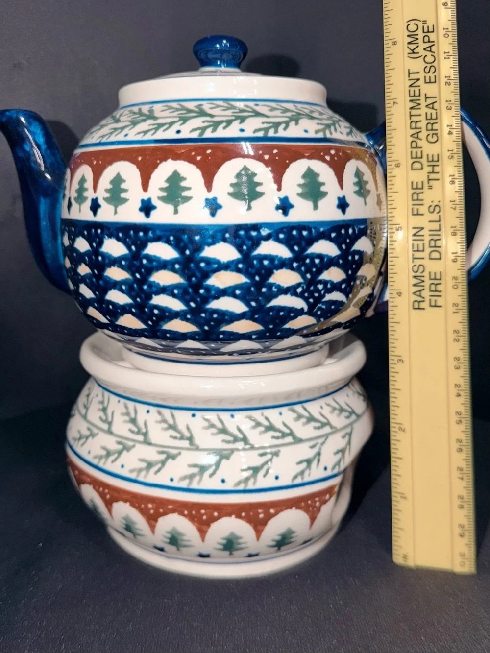 Blue and White Ceramic Teapot with Green and Brown Pattern